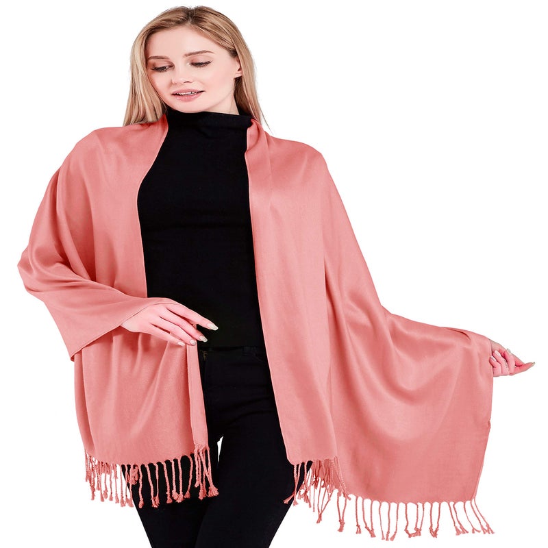 CJ Apparel Coral Pink Solid Color Pink Tassels Design Nepalese Shawl Scarf Wrap Stole Throw Head Wrap Pashmina Gift Hand Made in Nepal New - Image 2